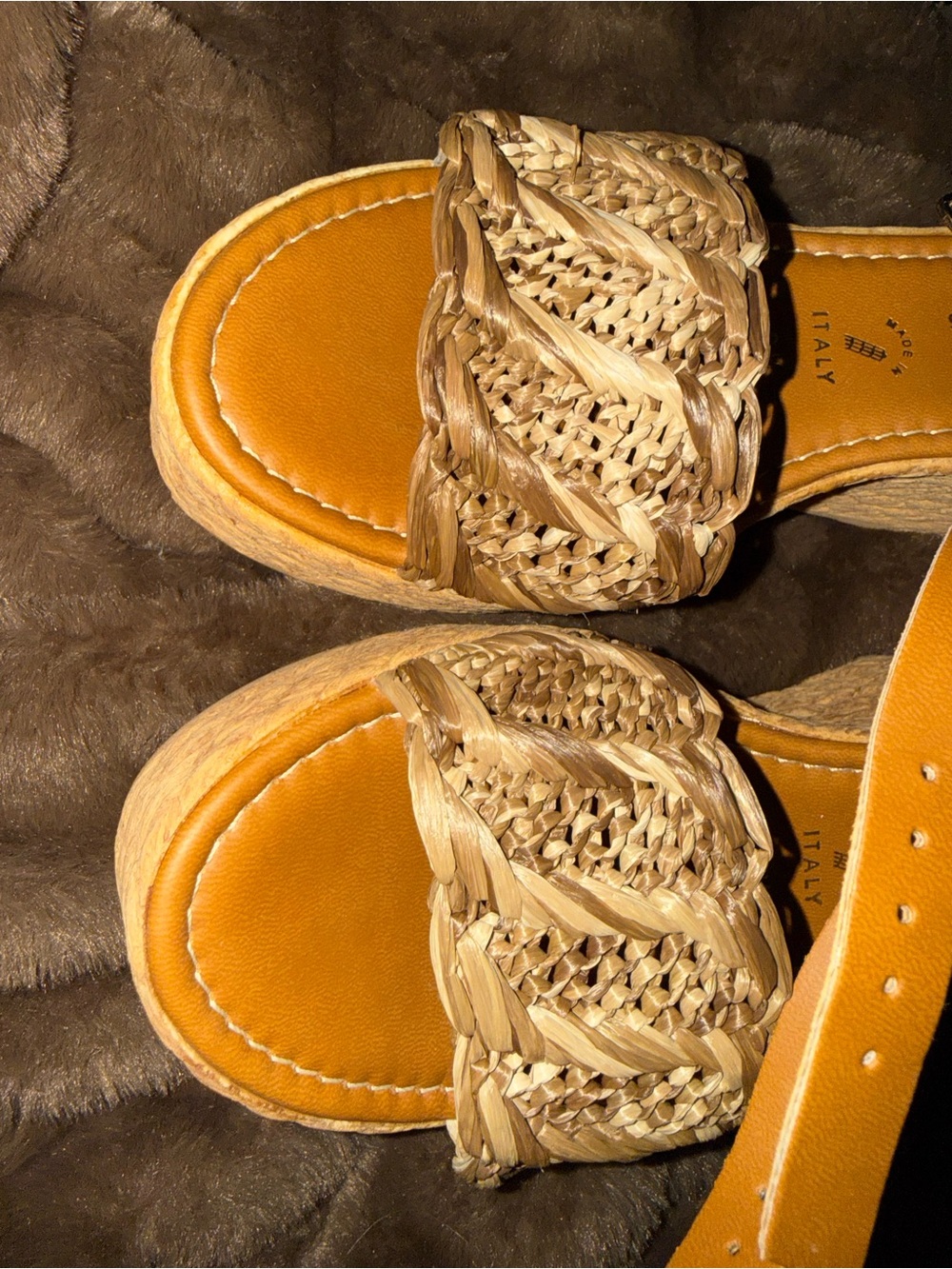 Italian Shoemakers Braided Raffia Wedge Slides - Tan/Cognac
